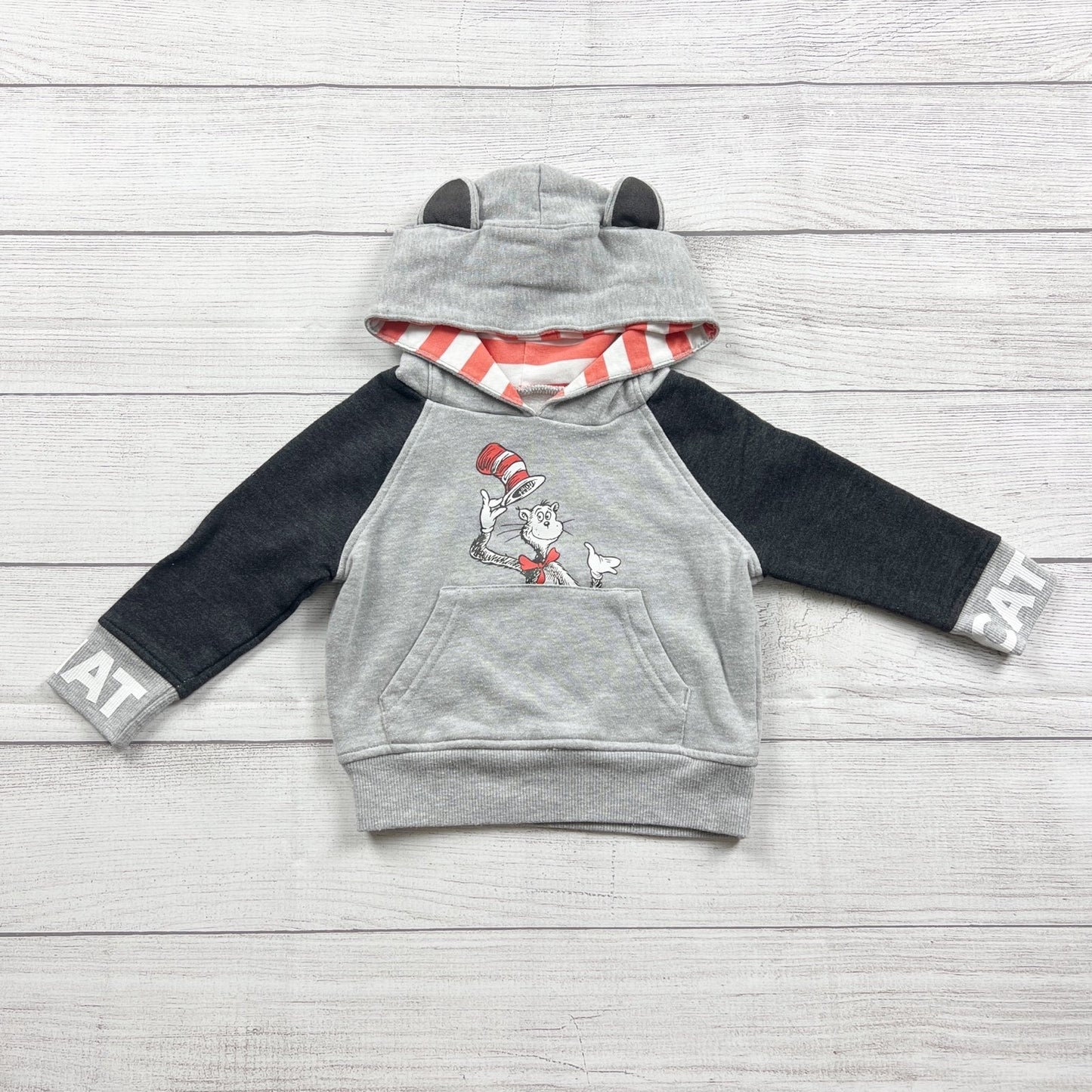 Dr Seuss Baby Hoodie Cat In The Hat Graphic Gray Black Ears 9-12 Months