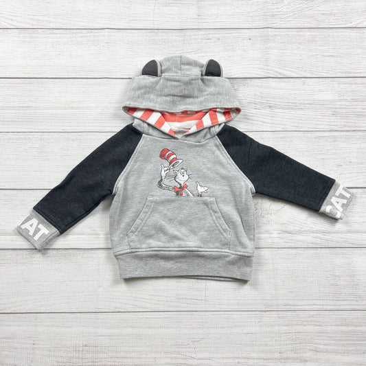 Dr Seuss Baby Hoodie Cat In The Hat Graphic Gray Black Ears 9-12 Months
