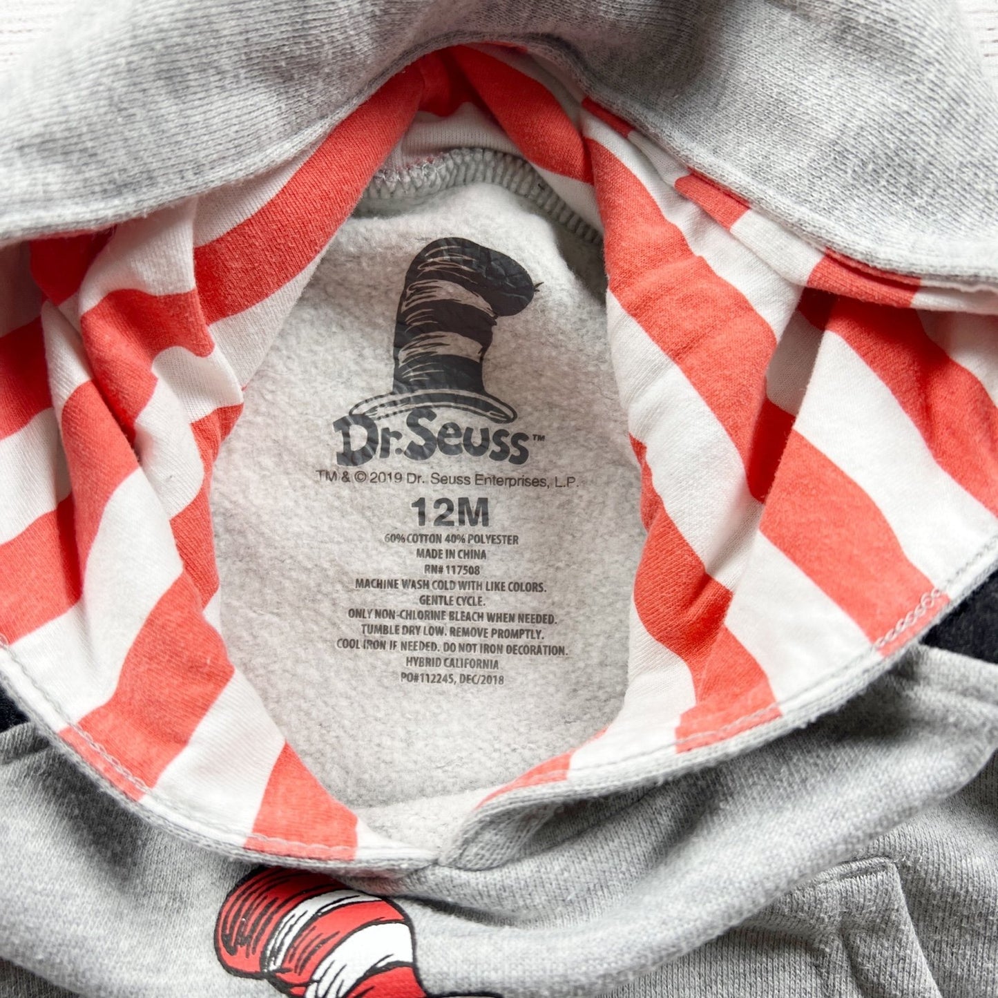 Dr Seuss Baby Hoodie Cat In The Hat Graphic Gray Black Ears 9-12 Months