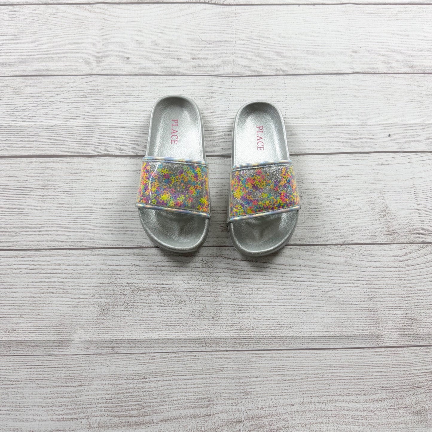 The Children's Place Girls Slide Sandals Silver Glitter Star Confetti Pool 11