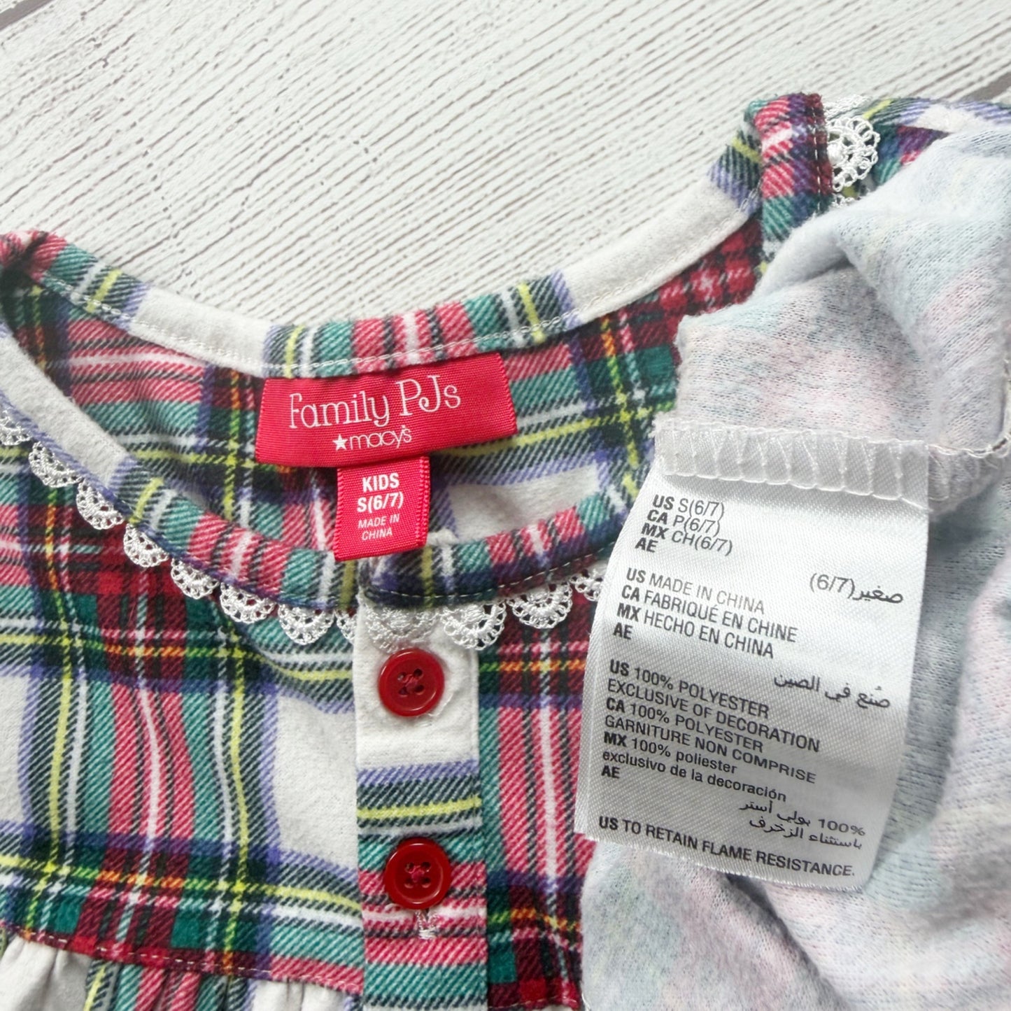 Family PJs Kids Plaid Long Sleeve Granny Holiday Nightgown Soft Polyester S 6-7