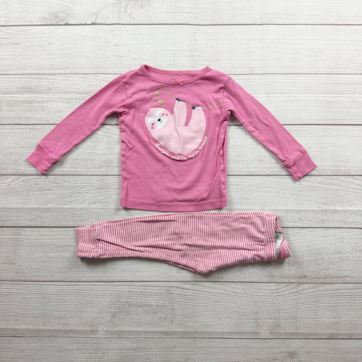 Carter's 2 Piece Pink Sloth Pajama Set Long Sleeve Top Striped Pants 2T