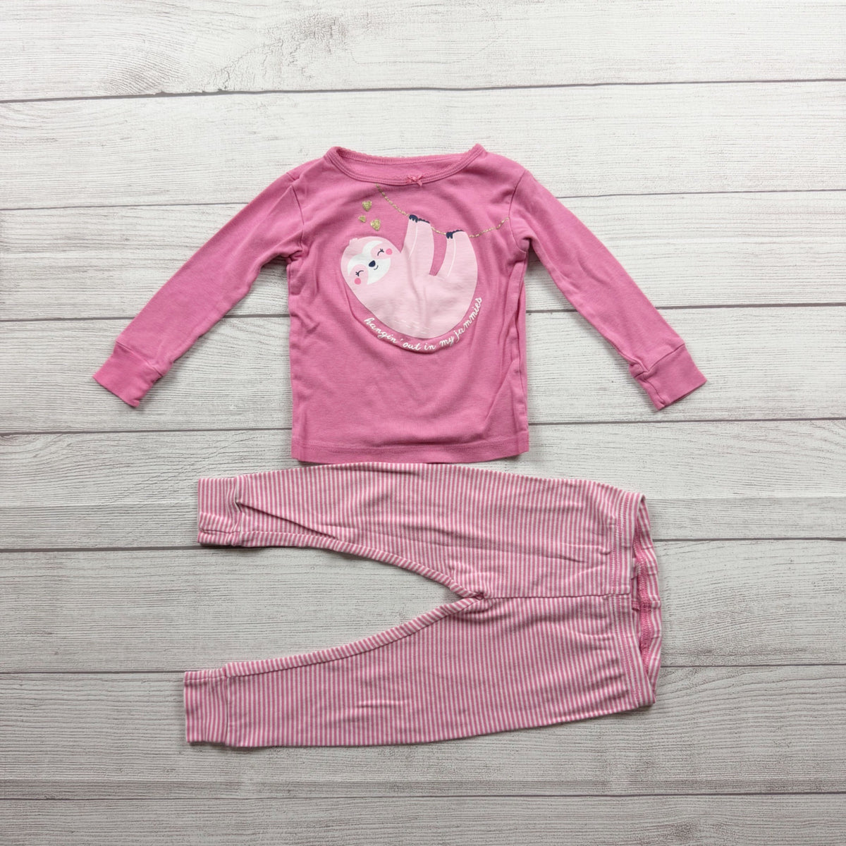 Carter's 2 Piece Pink Sloth Pajama Set Long Sleeve Top Striped Pants 2T
