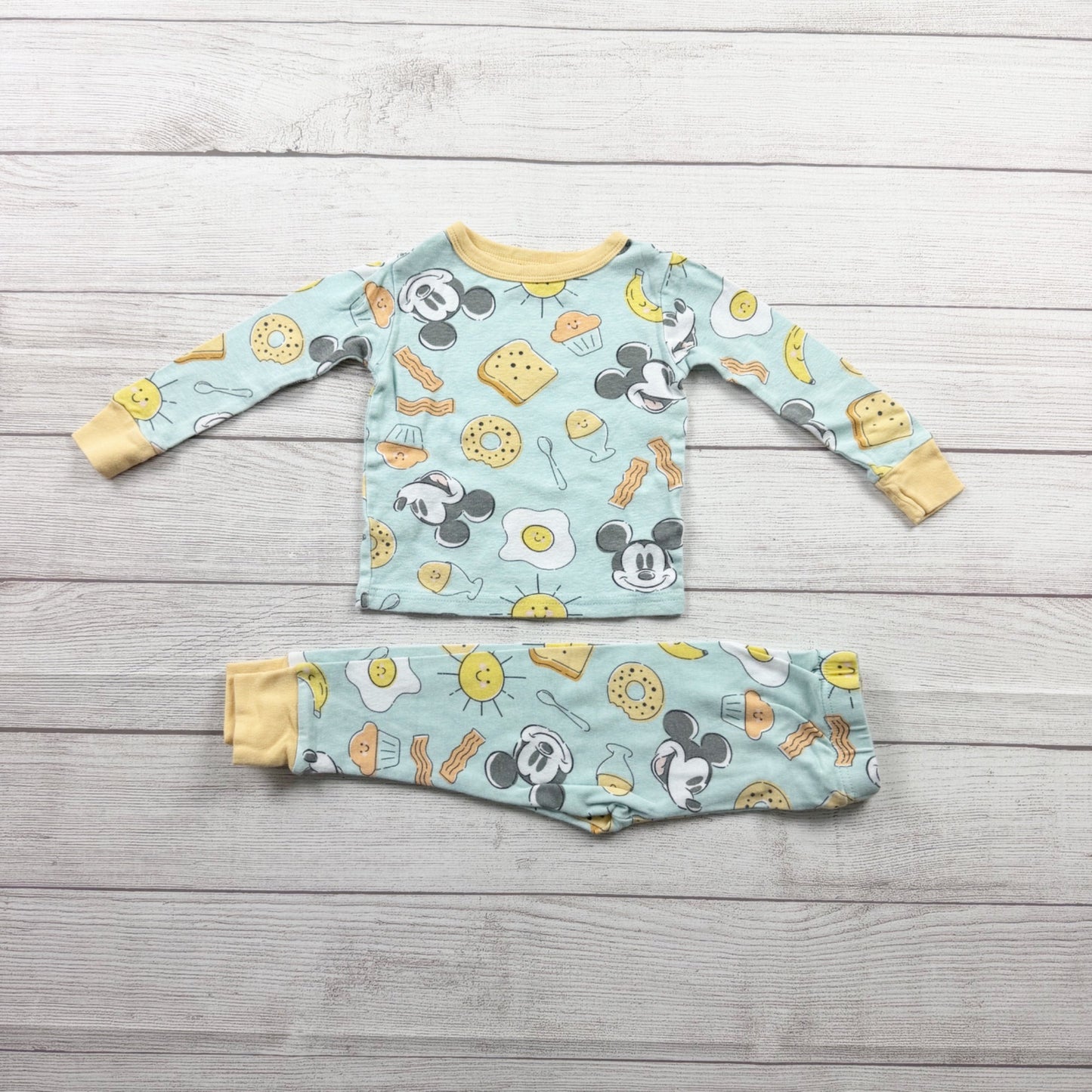 Disney Mickey Mouse Toddler Pajamas Breakfast Print 2 Piece Snug Fit PJs 3T