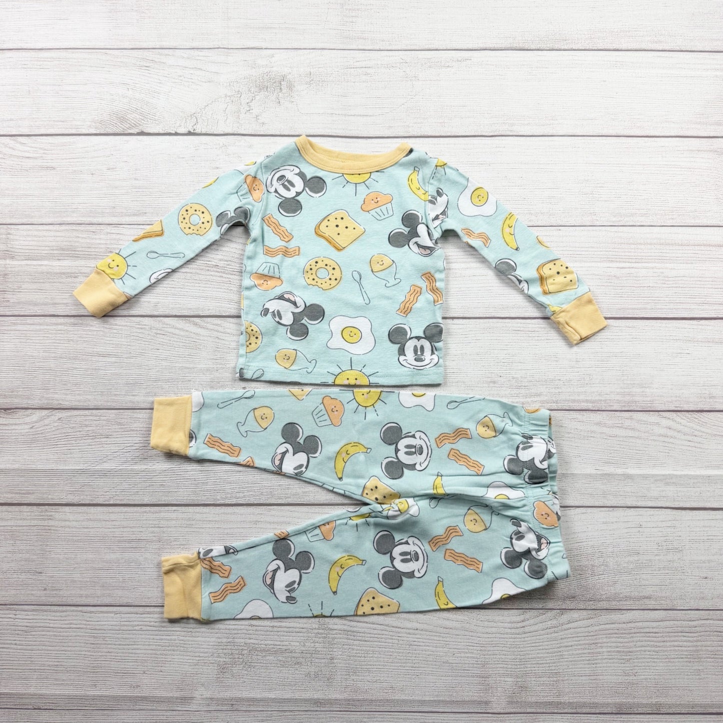 Disney Mickey Mouse Toddler Pajamas Breakfast Print 2 Piece Snug Fit PJs 3T