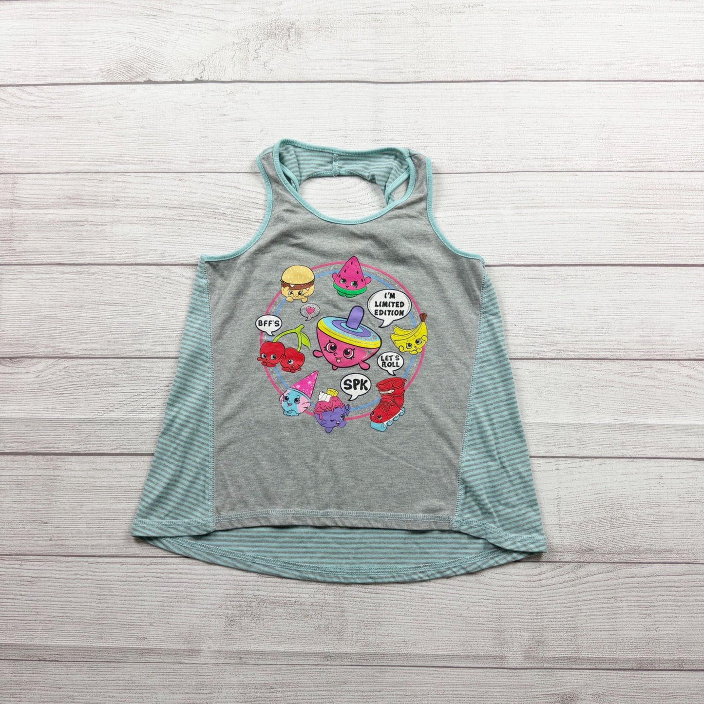 Shopkins Girls Gray Teal Striped Tank Top Graphic Print M 7-8
