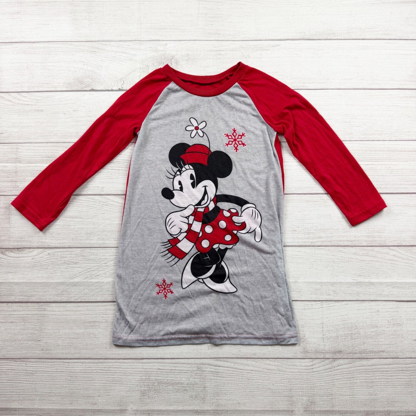 Disney Minnie Mouse Girls Holiday Nightgown Red Gray Long Sleeve 6