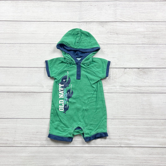 Old Navy Baby Green Hooded Henley Romper Fish Print 3-6 Months