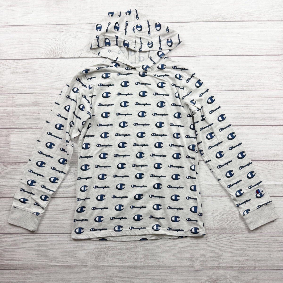 Champion Authentic Athleticwear Allover Logo Print Hoodie Gray Lightweight L