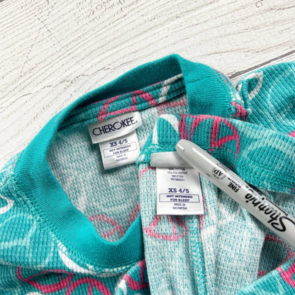 Cherokee Girls Pajamas Teal Peace Print 2pc Set Long Sleeve Waffle XS 4-5