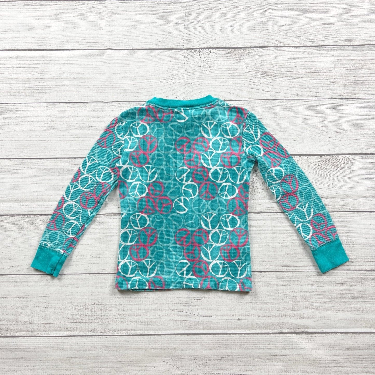 Cherokee Girls Pajamas Teal Peace Print 2pc Set Long Sleeve Waffle XS 4-5