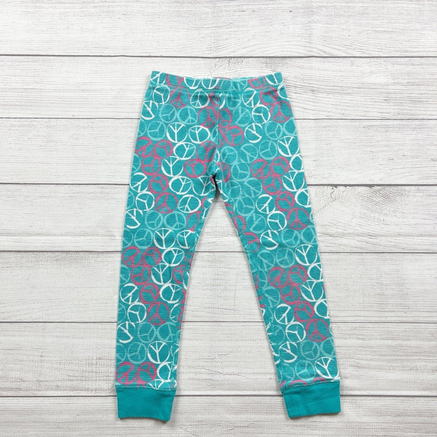 Cherokee Girls Pajamas Teal Peace Print 2pc Set Long Sleeve Waffle XS 4-5