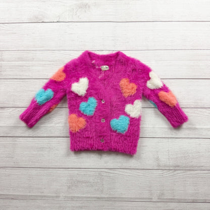 Hatley Kids Fuzzy Faux Fur Heart Button Cardigan Sweater Pink Adorable Style 2T