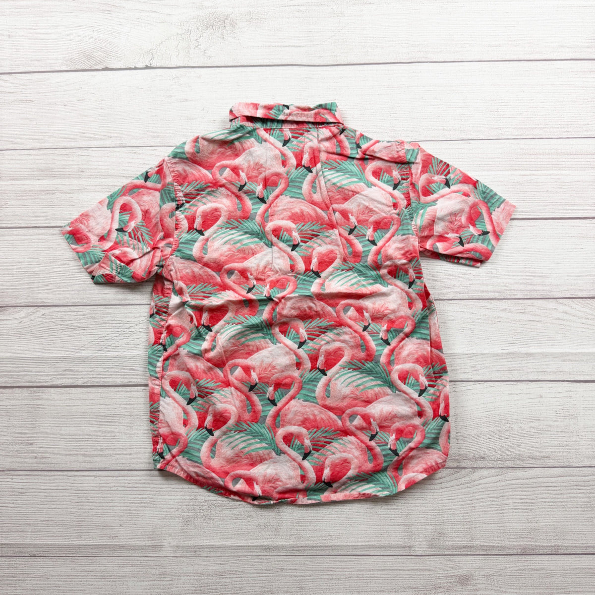 Old Navy Boys Flamingo Print Short Sleeve Button Up Shirt Built-In Flex M  8
