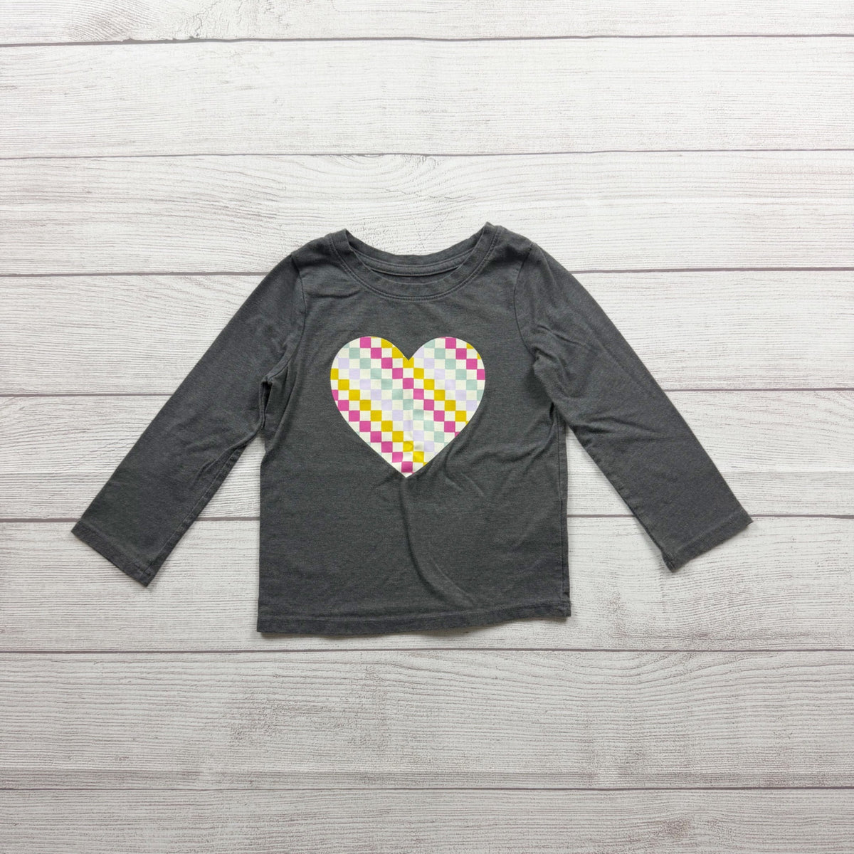 Cat & Jack Girls Gray Long Sleeve Top Checkered Heart Print Cotton Blend 2T