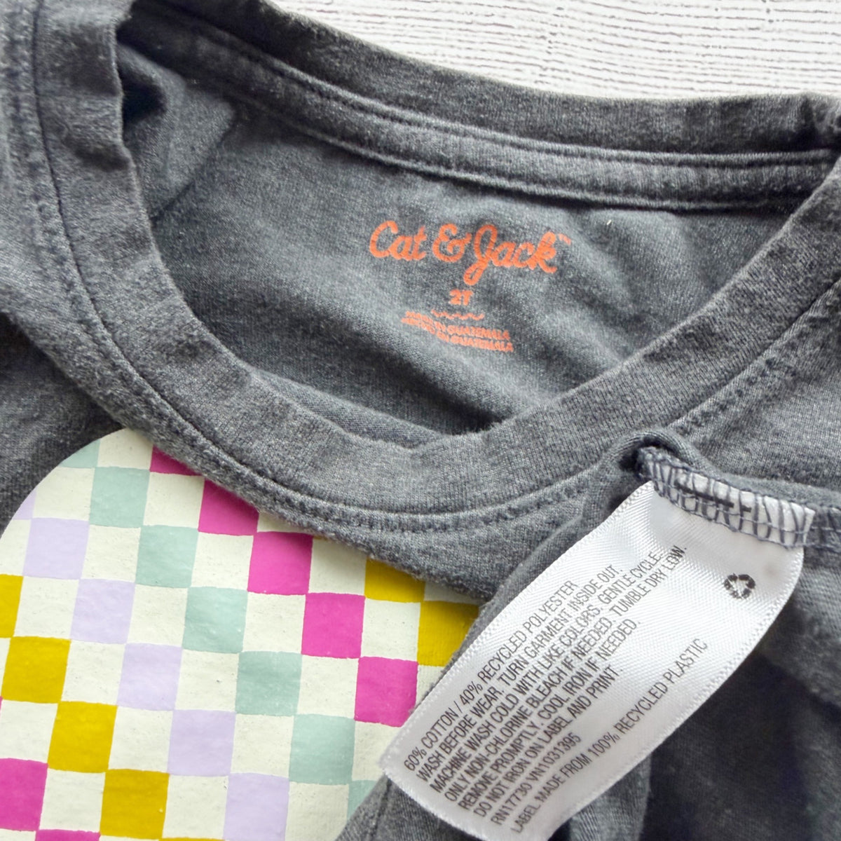 Cat & Jack Girls Gray Long Sleeve Top Checkered Heart Print Cotton Blend 2T
