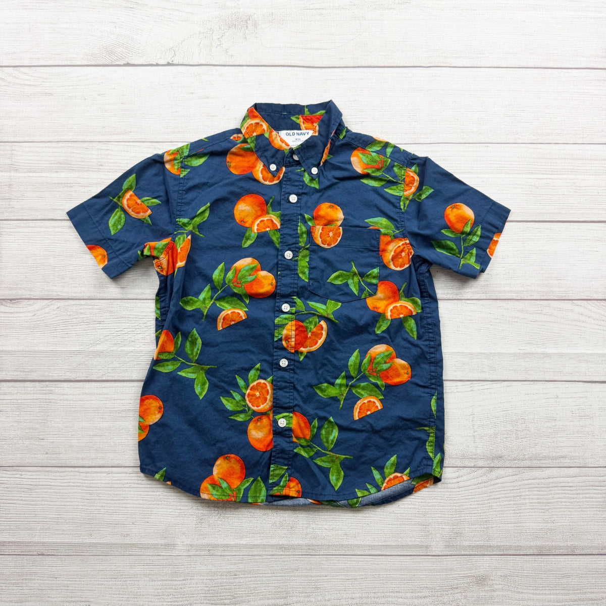 Old Navy Boys Button Up Tropical Orange Fruit Print Short Sleeve Shirt M 8