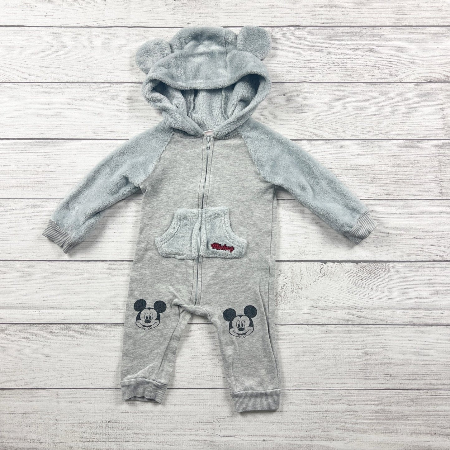 Disney Baby Mickey Mouse Fleece Hooded Romper Zip Up One Piece 12 Months