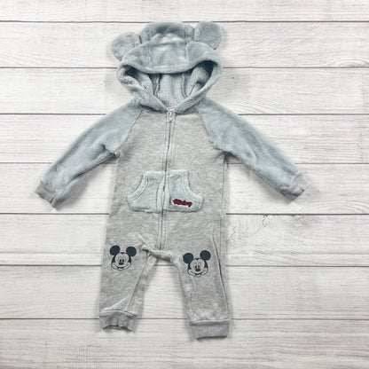 Disney Baby Mickey Mouse Fleece Hooded Romper Zip Up One Piece 12 Months