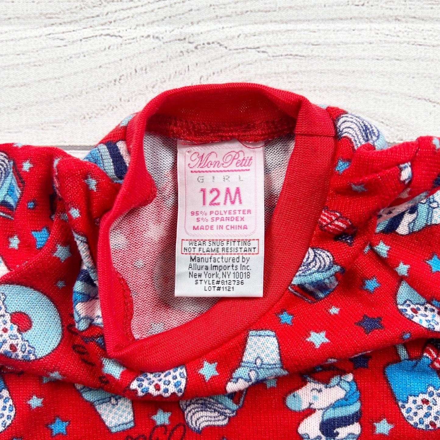 Mon Petit Baby Girl Red Pajamas Set USA Donut Print 2 Piece NWT 9-12 Months