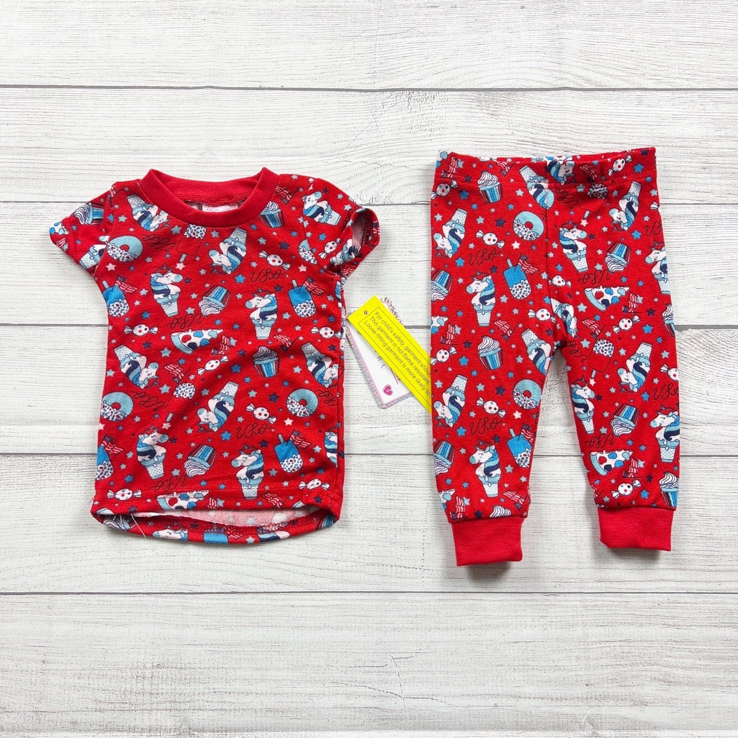 Mon Petit Baby Girl Red Pajamas Set USA Donut Print 2 Piece NWT 9-12 Months