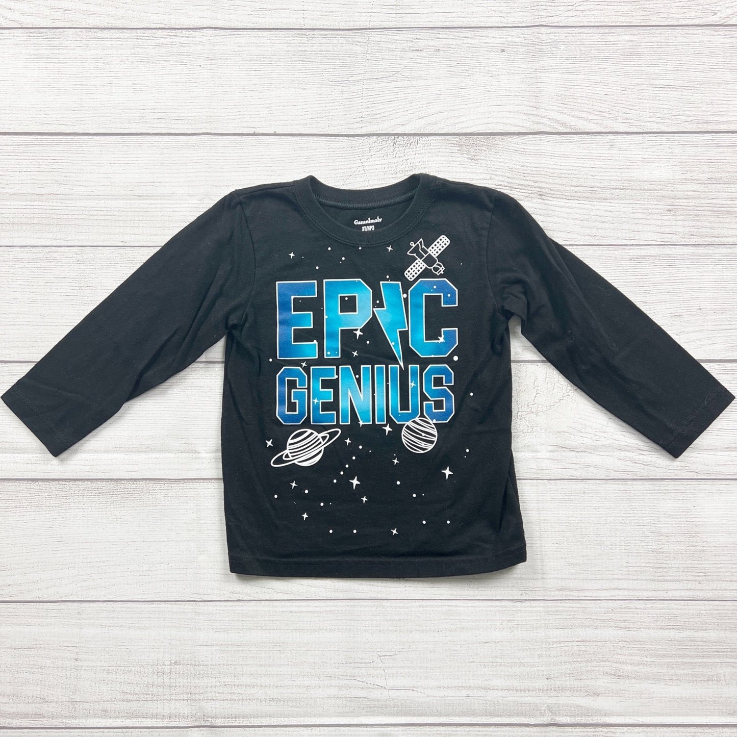 Garanimals Boys Black "Epic Genius" Long Sleeve Shirt Graphic Planets 3T