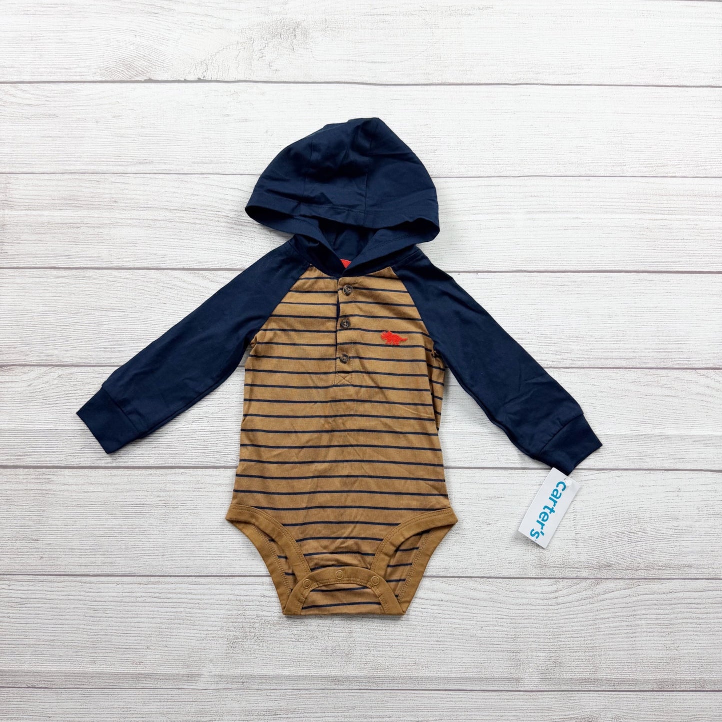 Carter’s Baby Boys Long Sleeve Striped Hooded Bodysuit Tan Navy NWT 9-12 Months