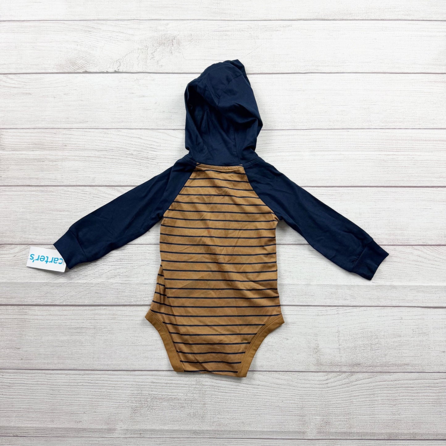 Carter’s Baby Boys Long Sleeve Striped Hooded Bodysuit Tan Navy NWT 9-12 Months