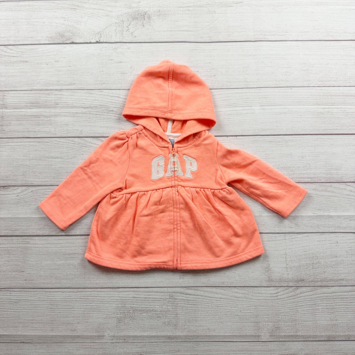 BabyGap Neon Coral Hooded Long Sleeve Peplum Jacket Sweatshirt 6-12 Months