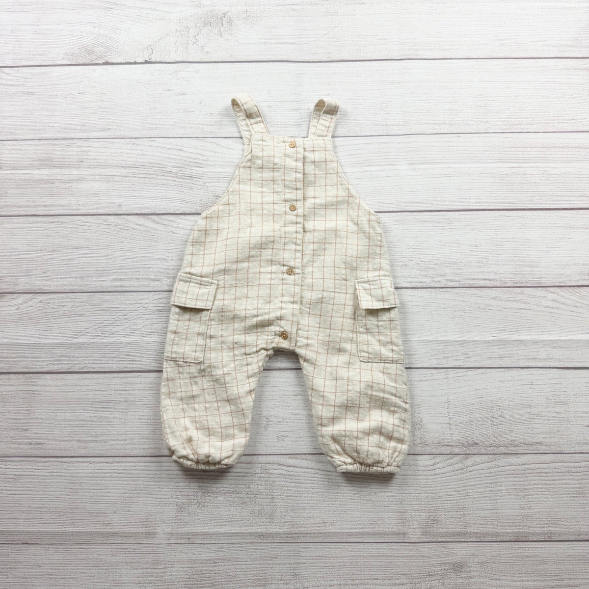 Zara Baby Checkered Overalls Beige Cotton Blend Light Weight Casual 9-12 Months