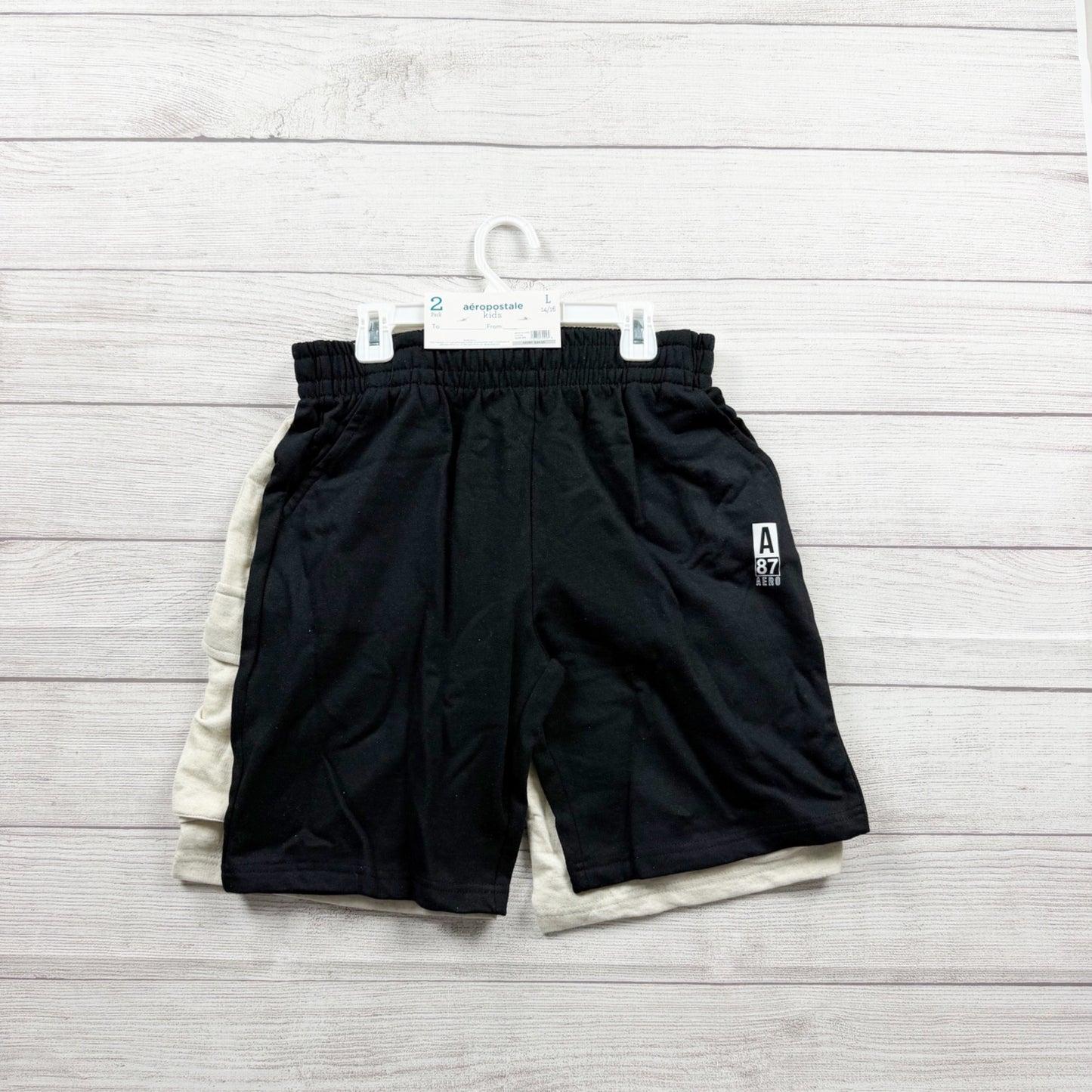 Aeropostale Kids Boys Cargo Shorts Black Beige 2 Pack Elastic Waist NEW L 14-16
