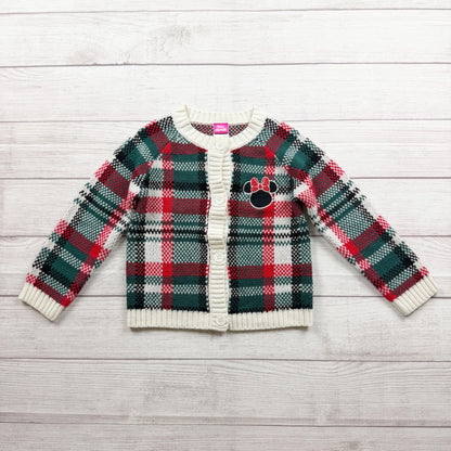 Disney Junior Minnie Mouse Kids Plaid Knit Cardigan Red Green White 5T