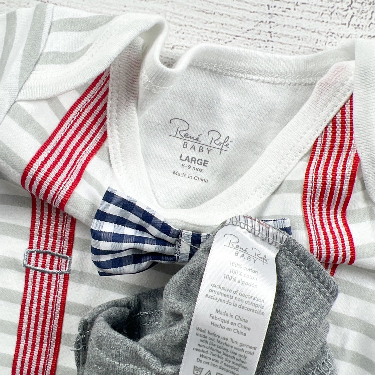 Rene Rofe Baby Boy Romper Striped Suspender Bow Tie Outfit NWT 6-9 Months