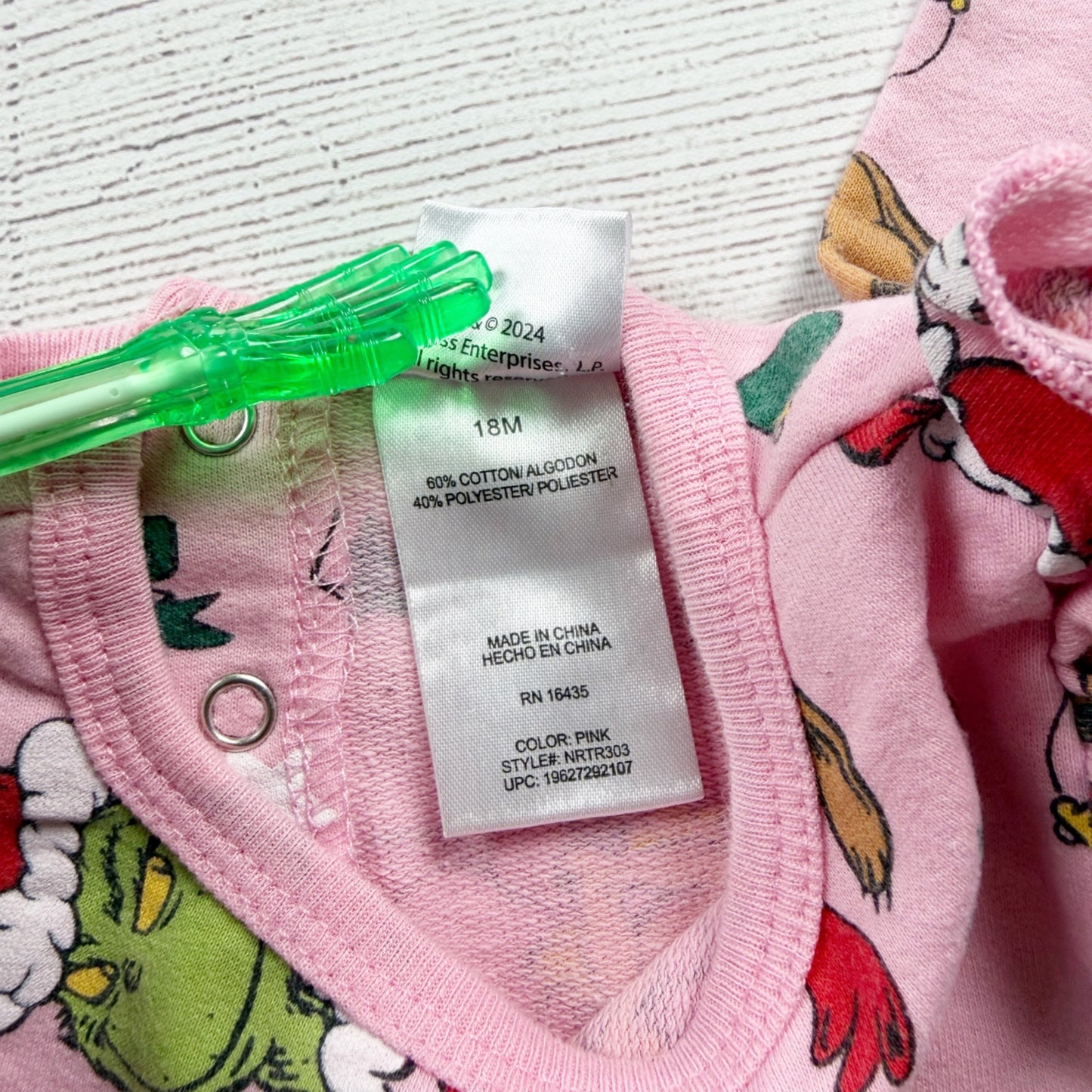 Dr. Seuss Baby Christmas Romper Pink Grinch Cindy Lou Who One Piece 18 Months