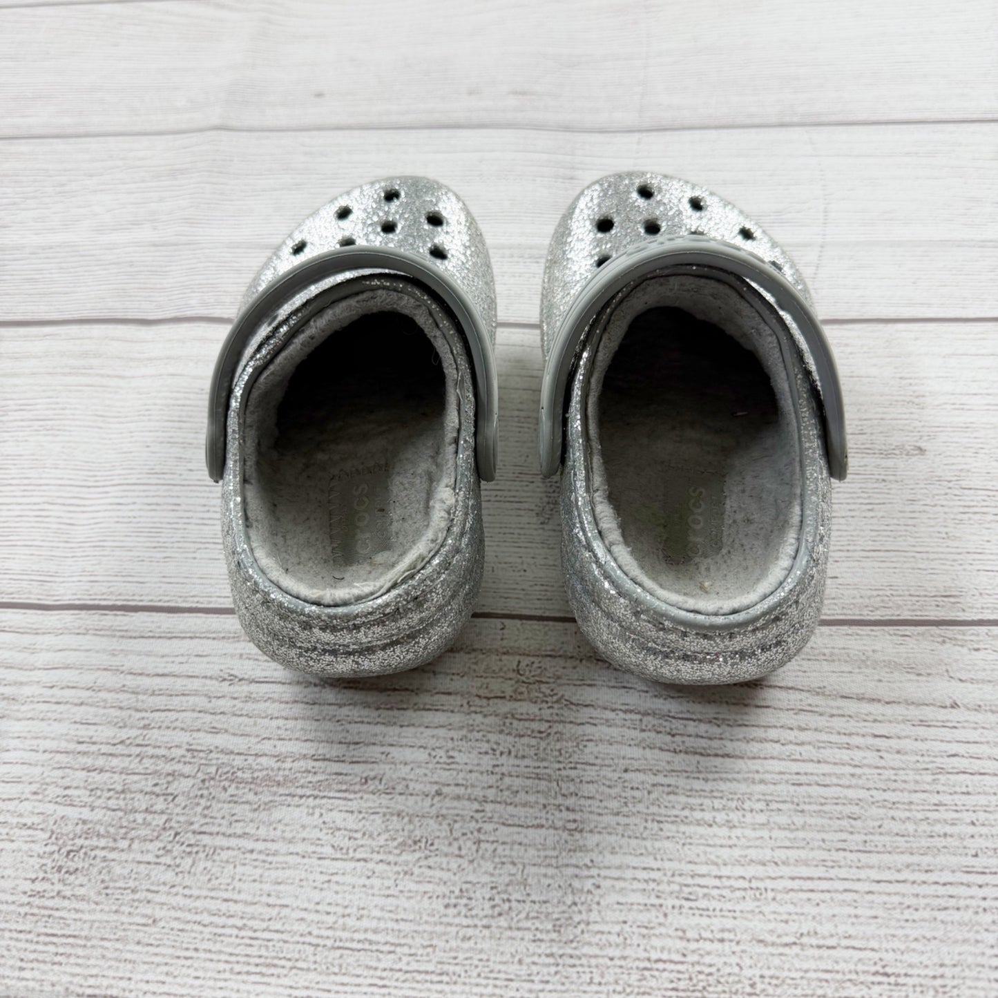Crocs Toddler Classic Clog Silver Glitter Lined Shoes Cozy Fleece Slip On 6