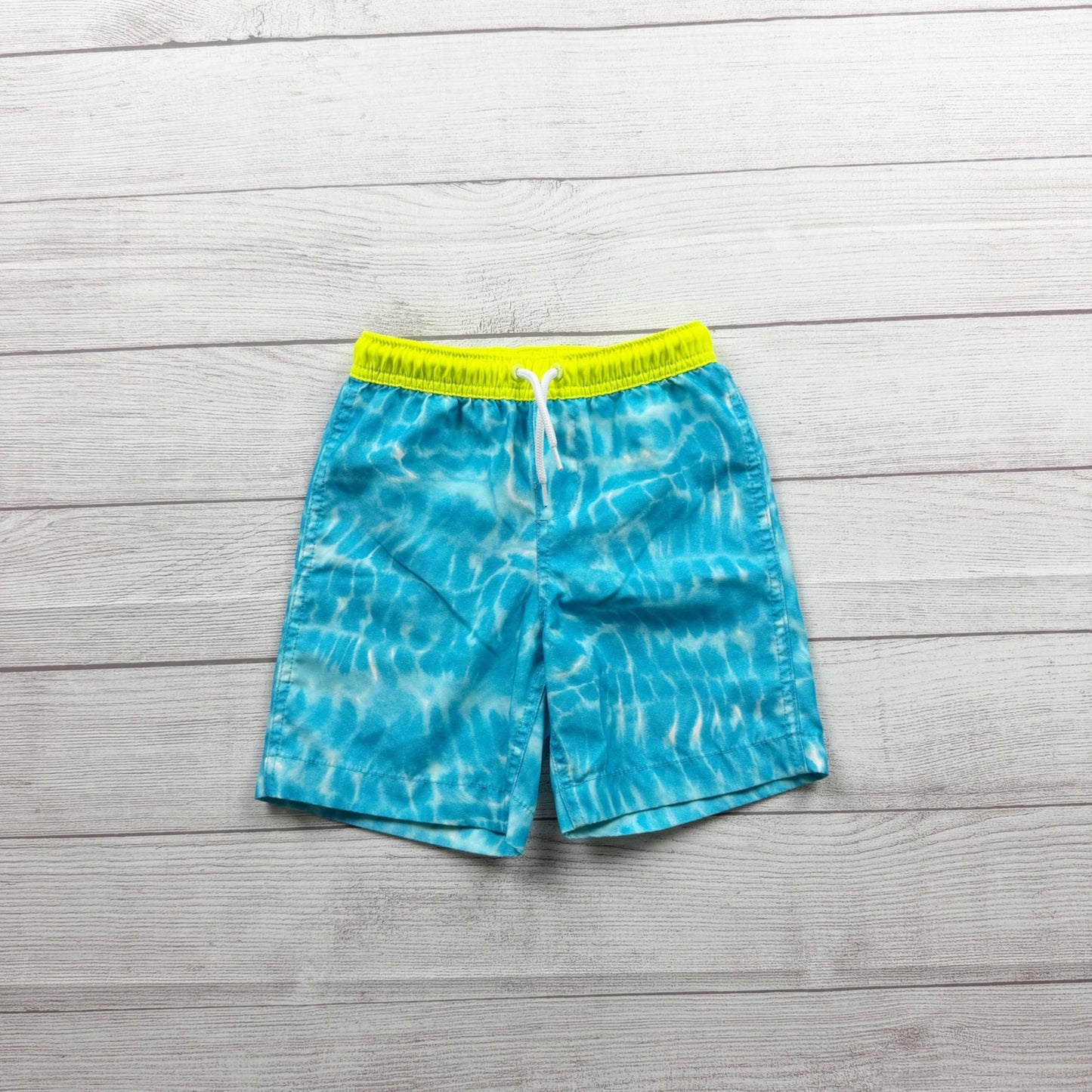 Lands End Blue Tie Dye Swim Trunks Neon Yellow Elastic Waist Mesh Liner XS 4-5