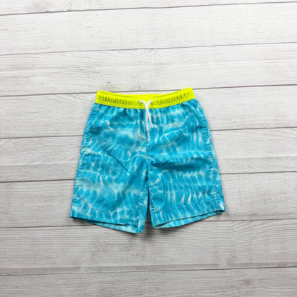 Lands End Blue Tie Dye Swim Trunks Neon Yellow Elastic Waist Mesh Liner XS 4-5