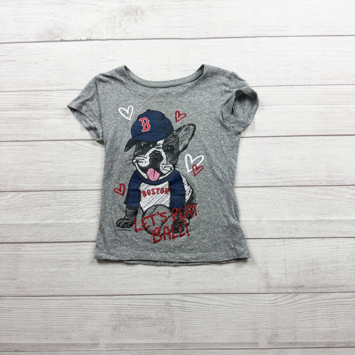 5th & Ocean Girls Gray Boston Red Sox Shirt Baseball Dog Graphic Tee 7