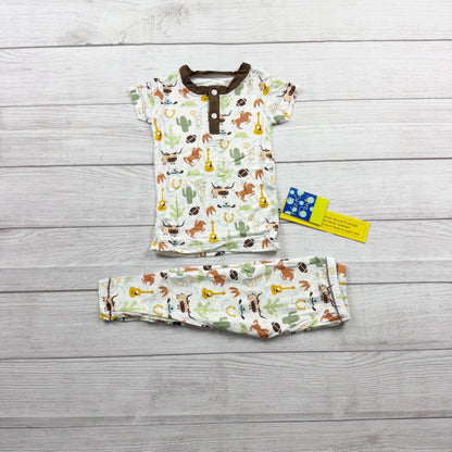 Kickee Pants Kids Bamboo Pajama Set Western Cowboy Print Henley NWT 3T