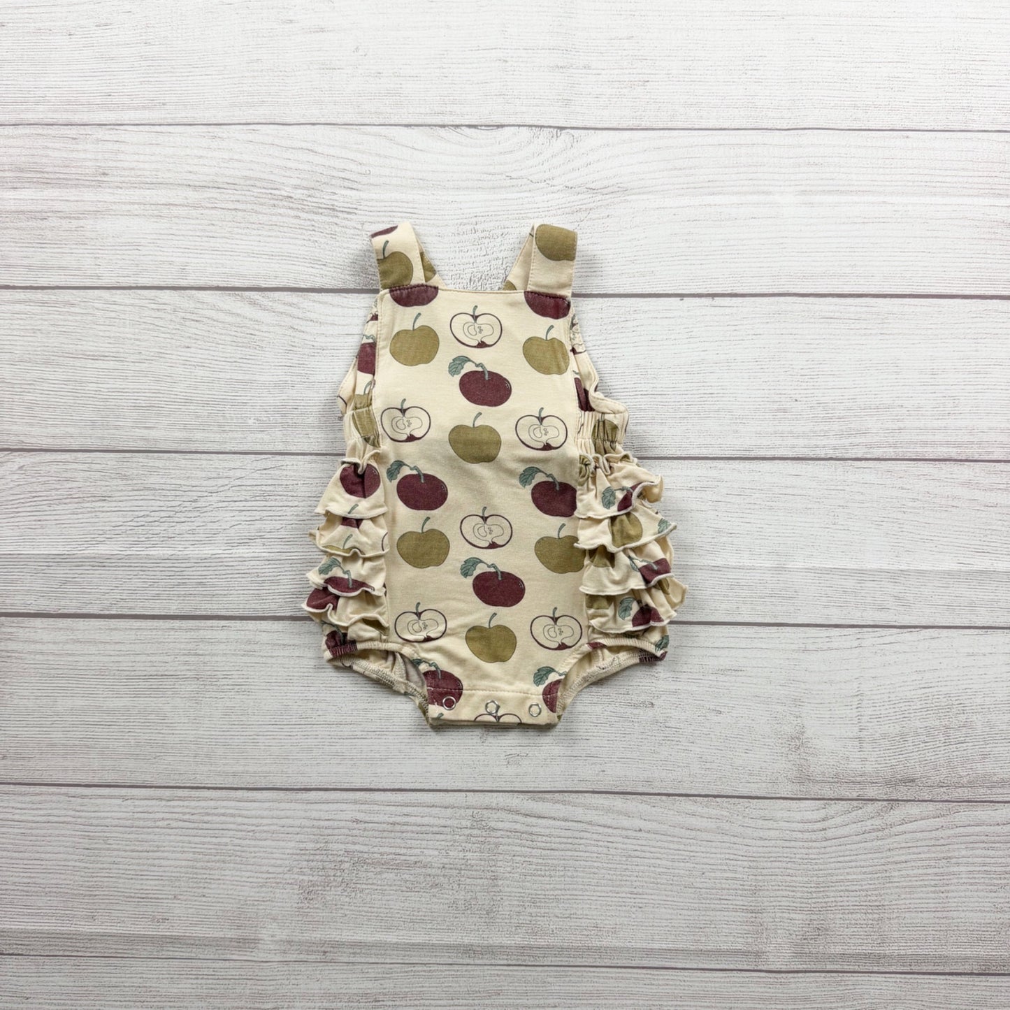 Kate Quinn Baby Ruffle Romper Apple Print Crossback Straps 0-3 Months