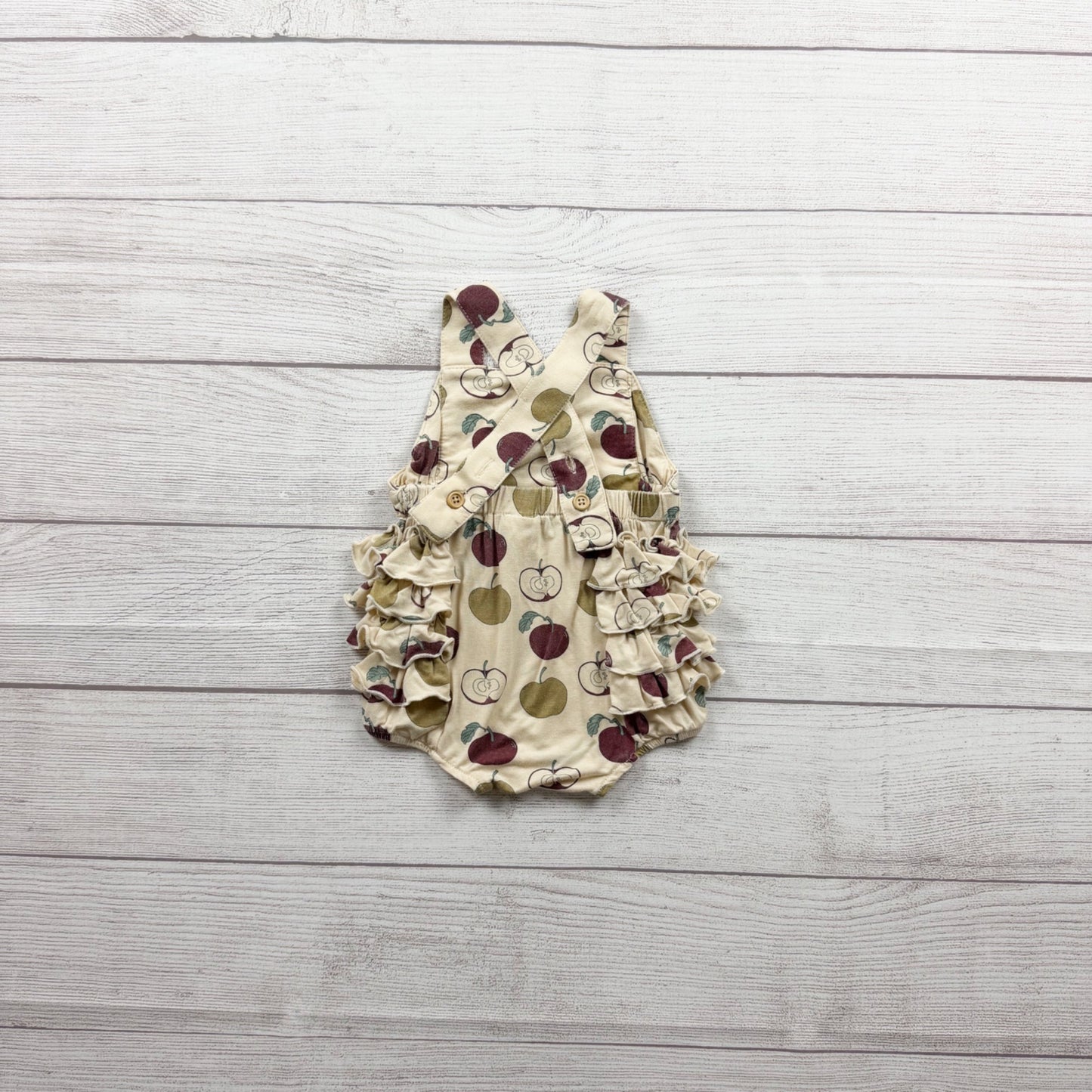 Kate Quinn Baby Ruffle Romper Apple Print Crossback Straps 0-3 Months