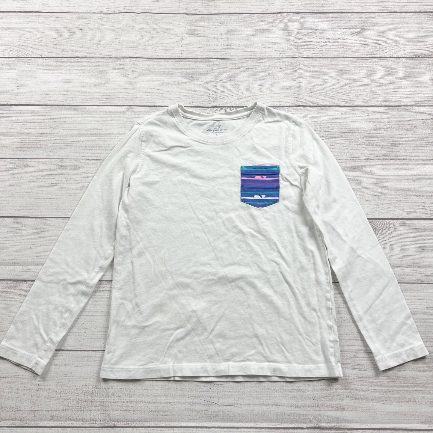 Vineyard Vines Girls White Long Sleeve Crewneck Shirt Striped Pocket Large 14