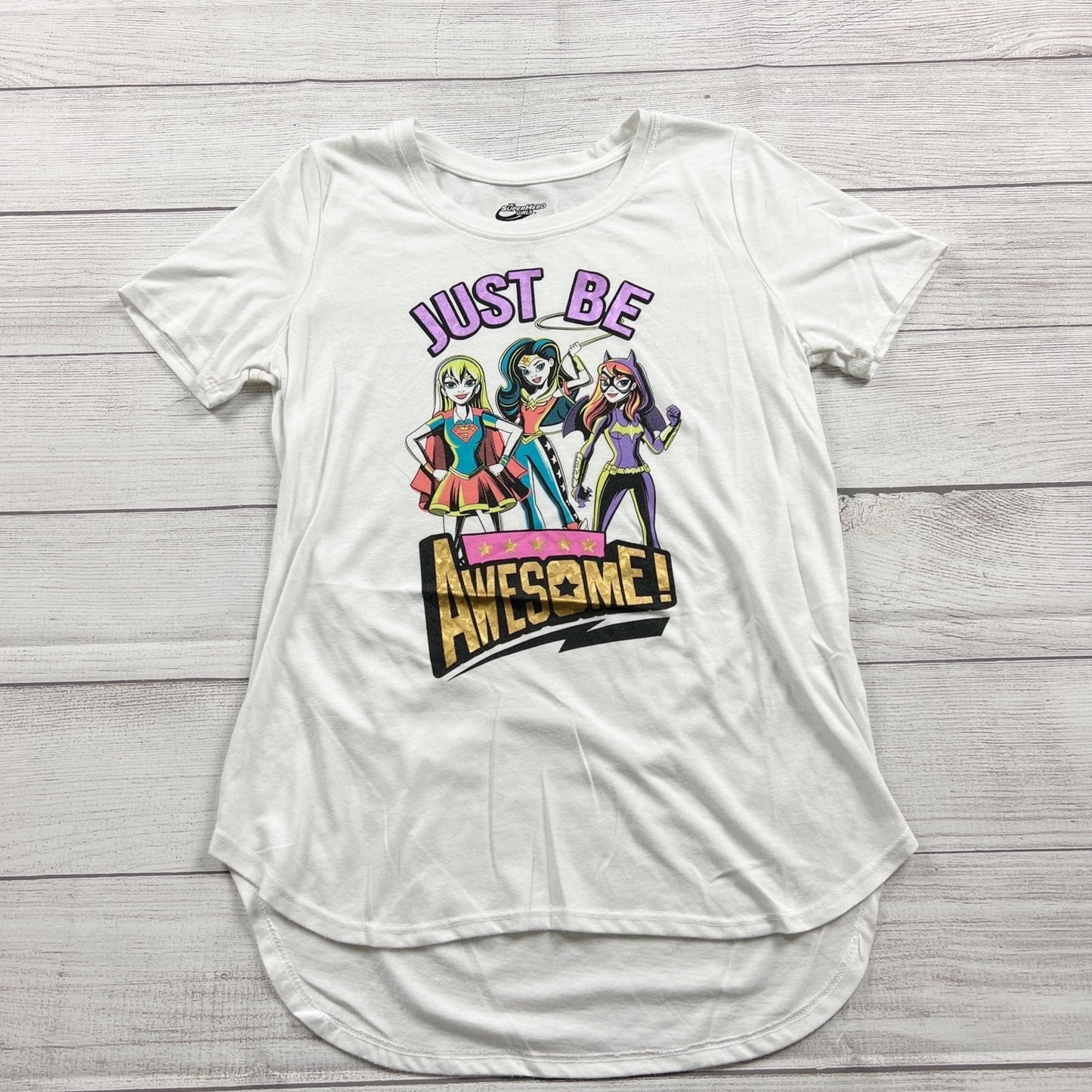 DC Comics Super Hero Girls Just Be Awesome! White Graphic Tee XL 14-16