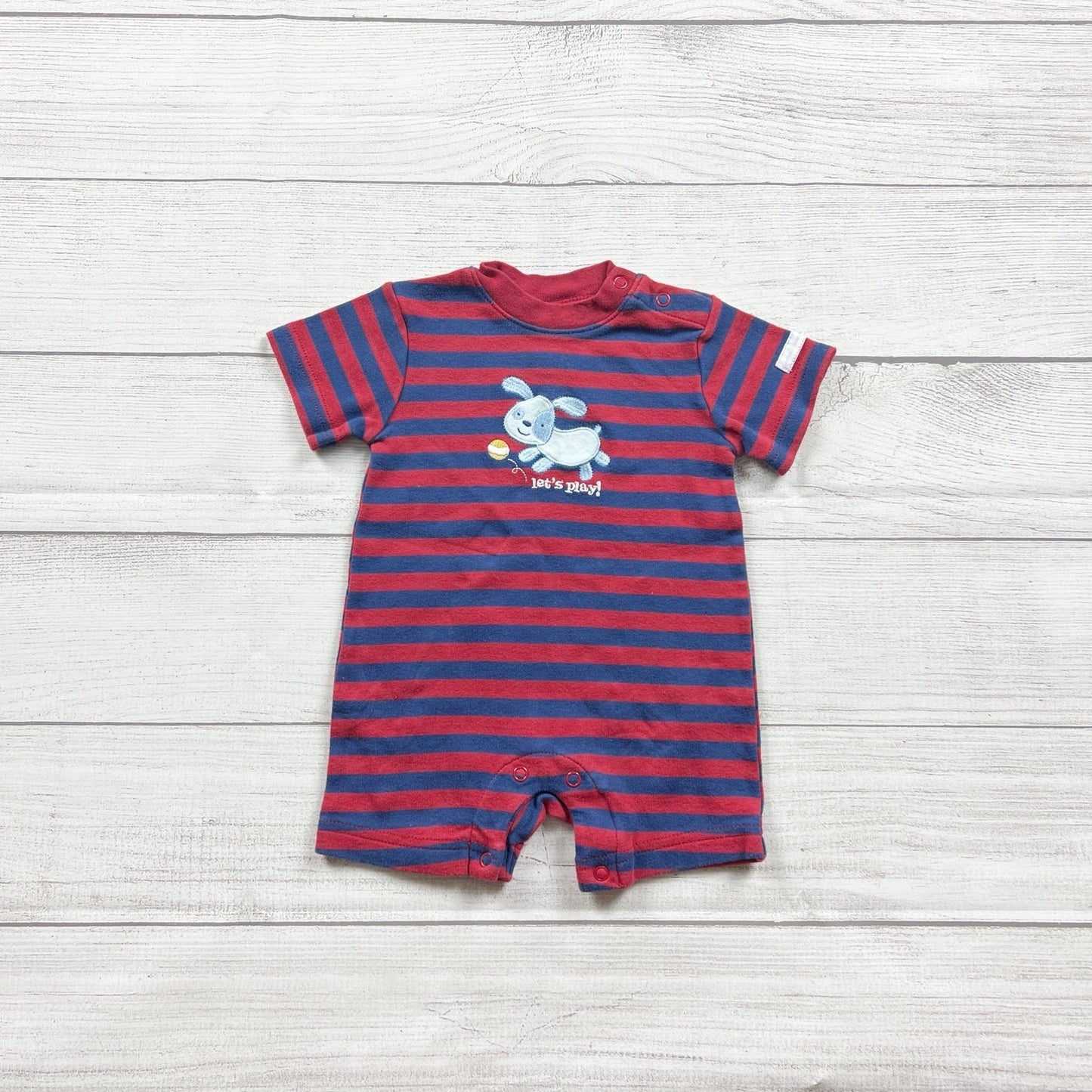 Small Wonders Romper Red Blue Striped Short Sleeve Let’s Play Puppy 6-9 Months