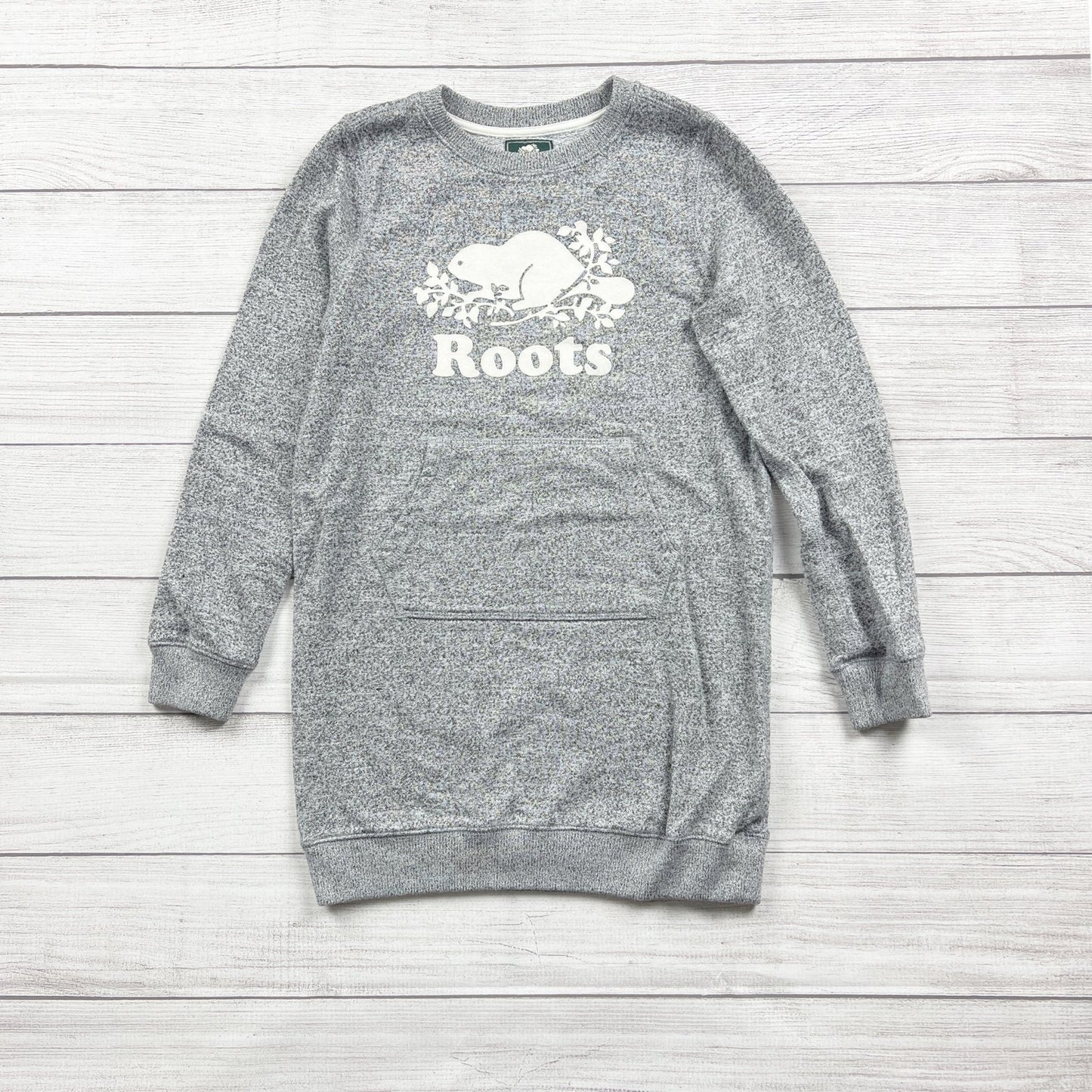 Roots Kids Heathered Gray Sweatshirt Dress Beaver Logo Kangaroo Pocket XL 11-12