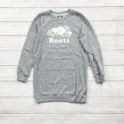 Roots Kids Heathered Gray Sweatshirt Dress Beaver Logo Kangaroo Pocket XL 11-12