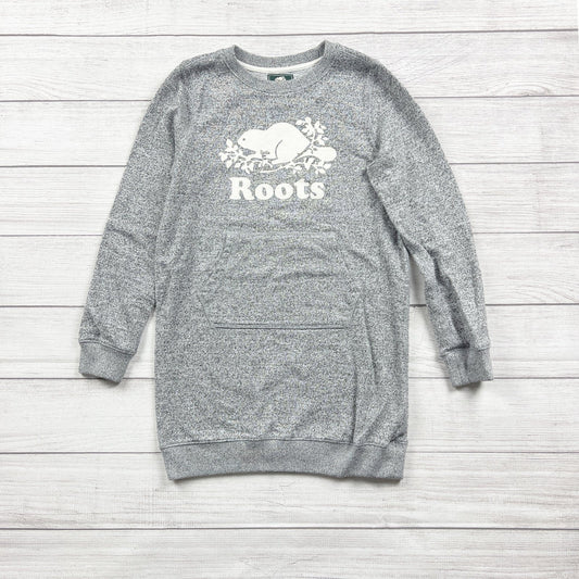 Roots Kids Heathered Gray Sweatshirt Dress Beaver Logo Kangaroo Pocket XL 11-12