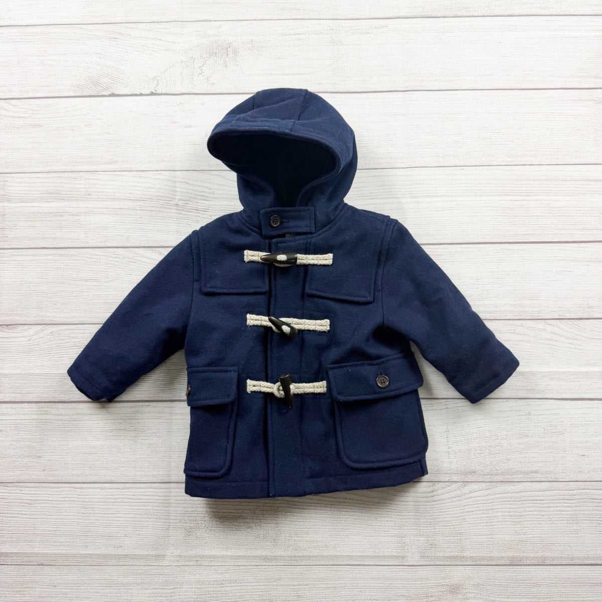 Baby Gap Navy Blue Toggle Coat Hood Winter Wool Blend 12-18 Months