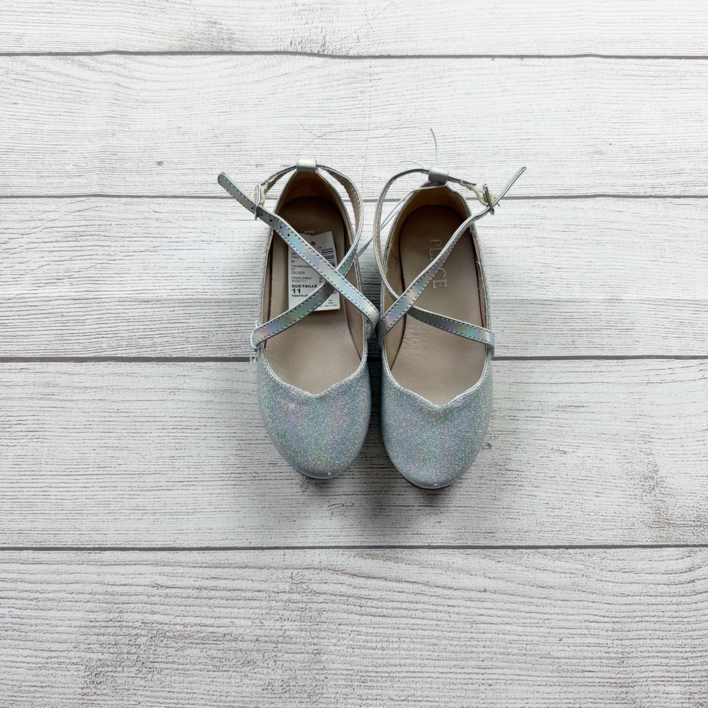 The Children’s Place Silver Glitter Mary Jane Flats Strap Dress Shoes NWT 11