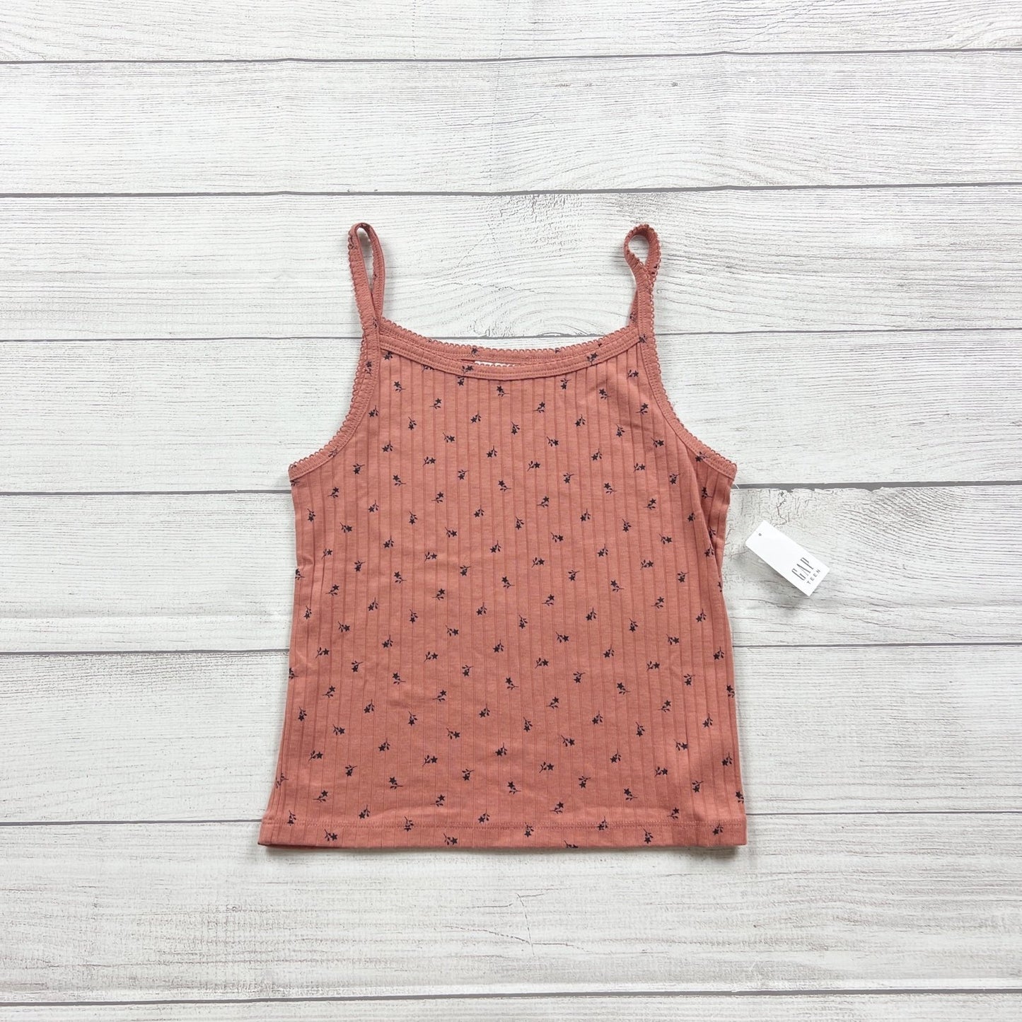 Gap Floral Print Ribbed Tank Top Coral Adjustable Spaghetti Straps NWT 14-16